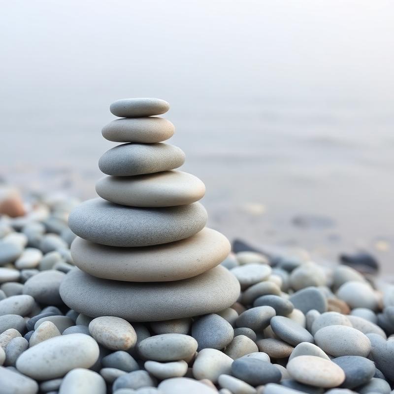 Stacked pebbles by misty water