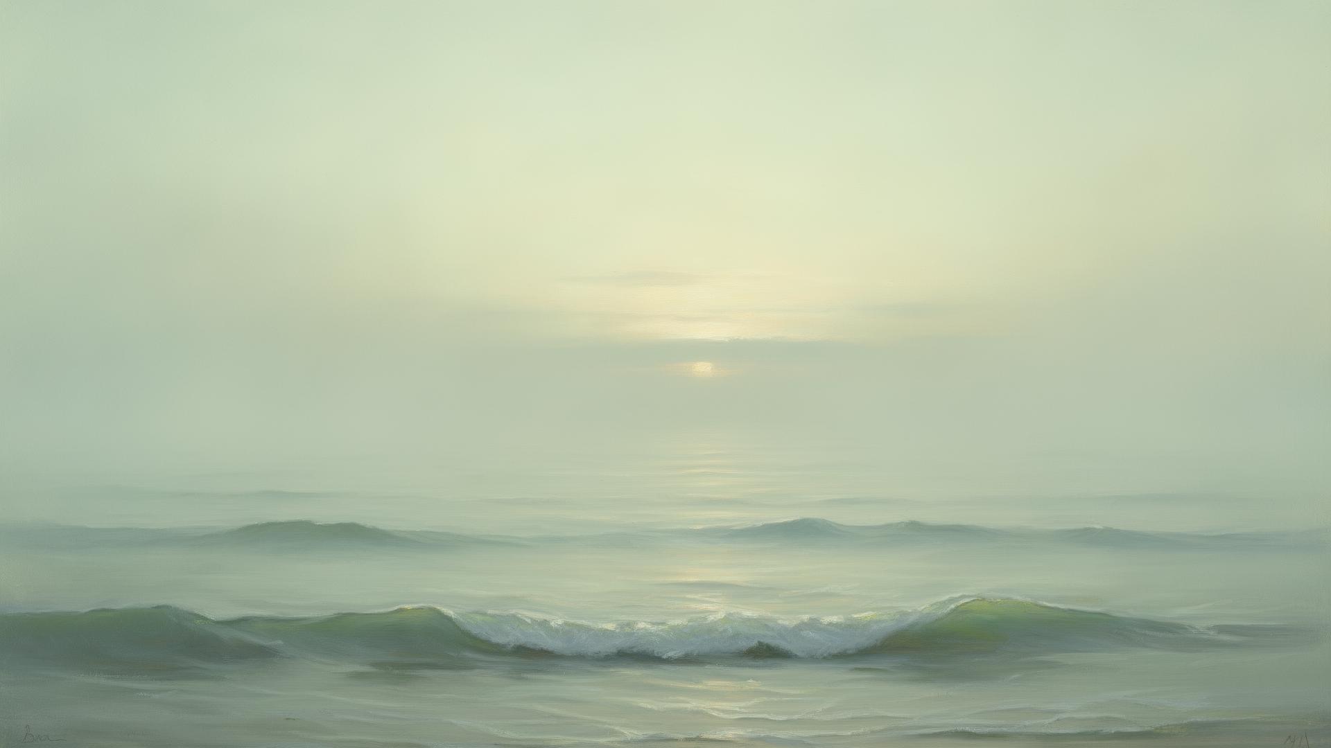 Misty sea at dawn in soft sage and dusty blue tones